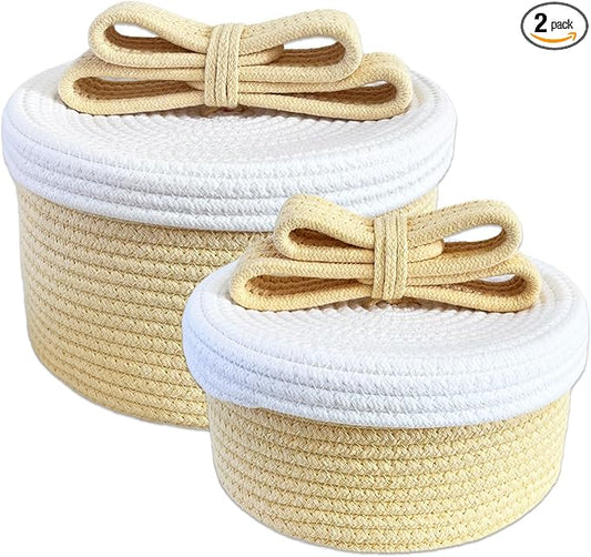 Cute Storage Baskets with Lids, Small Round Woven Rope Basket with Lid, Small Toy Box for Kids, Cat or Dog, Cute Basket for Gift, Toy or Home Decor, Chic Bow Handle (yellow)