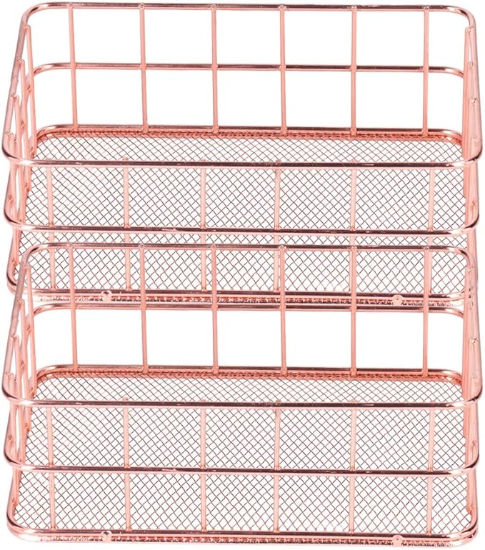 2PCS Nordic Simple Rose Gold Wrought Iron Storage Basket Desktop Organizer Container Household Storage Organizer for Living Room Bathroom Office Durable Iron Material Stylish Decor (Small Size)
