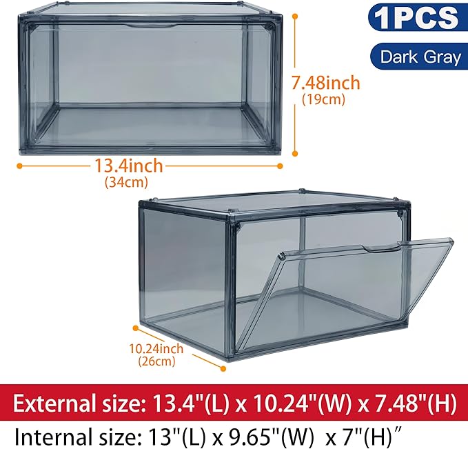 Acrylic Shoe Organizer，Sneaker Acrylic Display Case Size 13 for Men/Women Shoe Box Clear Box Stackable Storage Bins with Magnetic Door，Grey 1 Pack