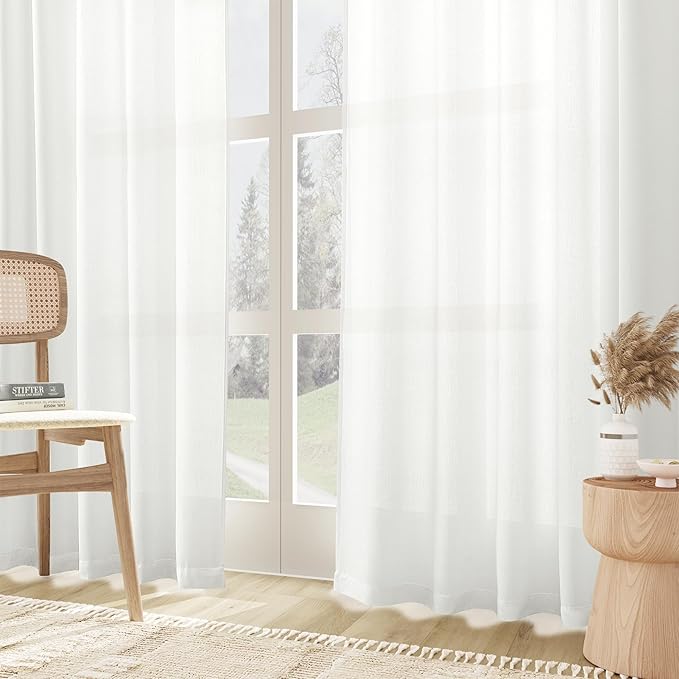 Joywell Natural White Back Tab Rod Pocket Linen Curtains 120 Inches Long 2 Panels for Living Room Bedroom Neutral Boho Farmhouse Rustic Light Filtering Semi Sheer Curtains Window Treatment 52x120
