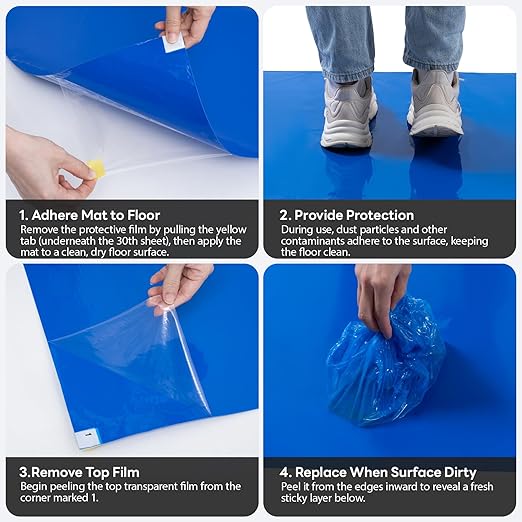 Adhesive Mat Tacky Pads 24" x 36", (Case of 4 Packs, 30 Sheets/Packs, 120 Sheets Total) Blue Cleanroom Floor Sticky Mats Capture Dirt for Laboratory, Construction, Hospital, Shoes, Pet, Gym