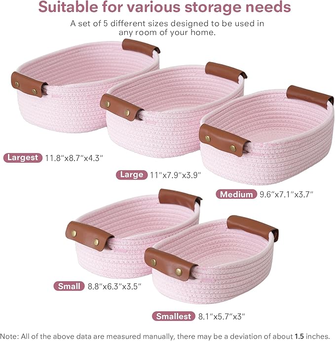 5 Piece Storage Baskets Small Woven Basket with Detachable Leather Handle, Cotton Rope Shelf Baskets for Closet Organizers, Different Sizes Basket Decor, Light Pink