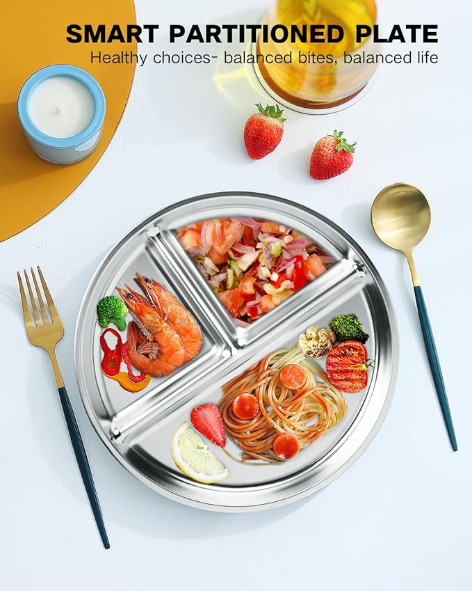 Stainless Steel Kids Plates 2 Packs, 9" Toddlers Divided Plates, Portion Control Plate for Bariatric Adults, Non Toxic Unbreakable Baby Dinner Dishes, 304 Metal Camping Food Tray