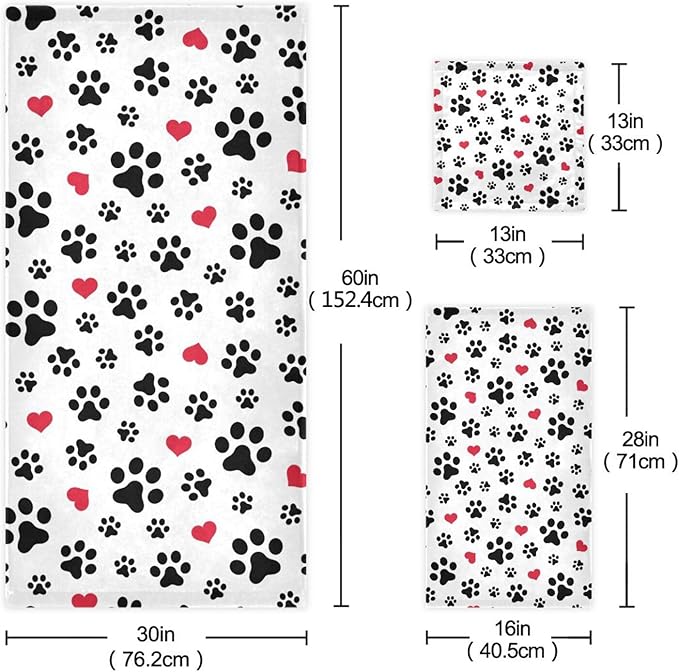 3 Piece Black White Dog Paw Print Bath Towel Set,Microfiber Decorative Puppy Pet Footprint Red Love Hearts Bathroom Towels,1 Bath Towel 1 Hand Towel for Bathroom Kitchen,1 Washcloth for Face