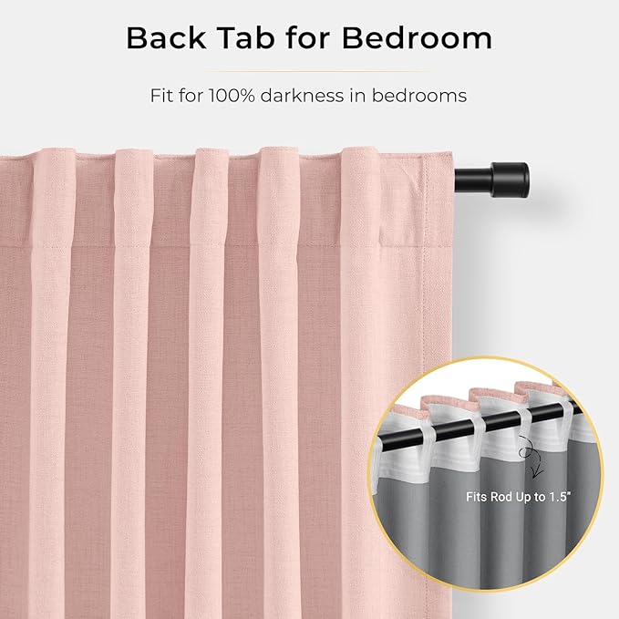 INOVADAY 100% Blackout Curtains for Bedroom, Black Out Curtains 63 Inch Long, Clip Rings Linen Blackout Drapes, Thermal Insulated Room Darkening for Living Room, 2 Panel - Blush Pink,W50xL63