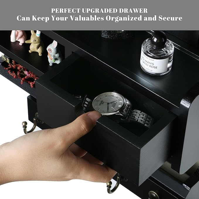 Key Holder for Wall, Elegant Wall-Mounted Mail Organizer with Storage Drawers, Black