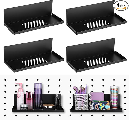 Therwen 4 Pack Magnetic Pegboard Shelves Wall Organizer Metal Pegboard Shelf Steel Tray Accessories Organizing Tools for Craft Home Kitchen(12 x 4.8 x 3.6 Inches,Black)