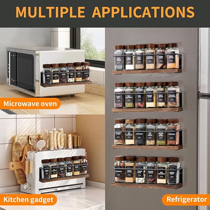 Wooden Lid Magnetic Spice Rack with 24 Jars, 216 Labels, 1 Steel Funnel for Refrigerator，Microwave Oven - Full Set of Spice Organizer