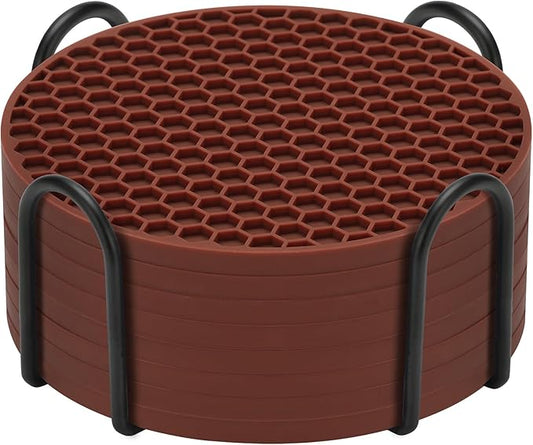 Silicone Coaster Set of 8 with Holder, Drinks Coasters, Beer & Coffee, Anti-Slip, Non-Stick, Anti-Overflow Tabletop Protection and Decor (8 Pcs, Brown)