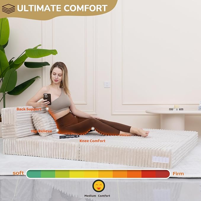 Folding Sofa Bed Queen Size, Convertible Sleeper Chair Loveseat with Pillow, Futon Chair Sofa Bed, Fold Out Floor Couch, Foldable Mattress for Living Room, Bedroom, Guest Room, Dorm, Beige