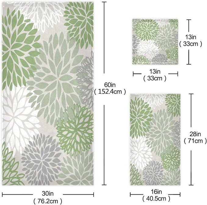 3 Piece Sage Green Dahlia Bath Towels Set,Microfiber Absorbent Grey White Green Floral Towels for Bathroom,1 Bath Towel,1 Hand Towel,1 Washcloth,Modern Abstract Decorative Bathroom Towels