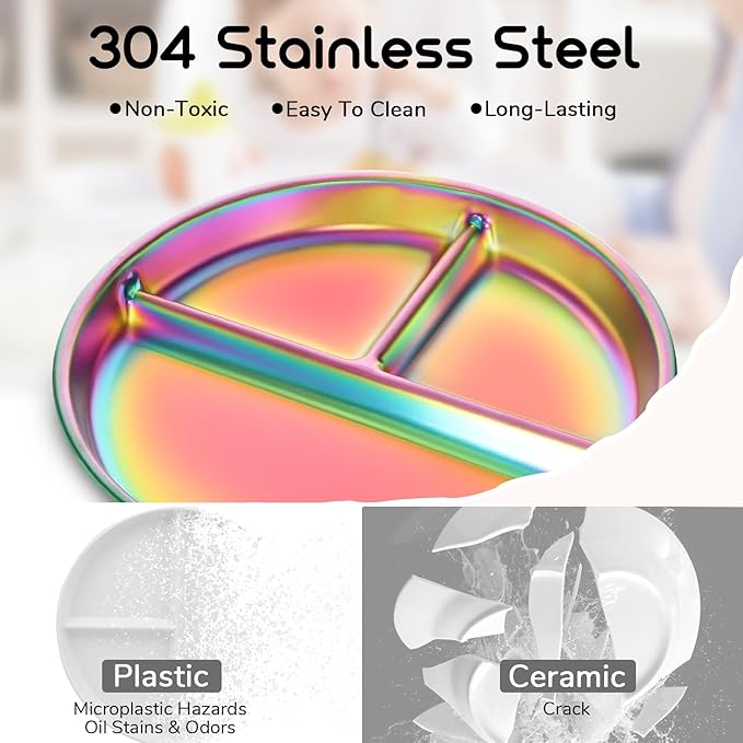 9" Stainless Steel Toddler Plates Set of 6, Divided Plate for Kids & Baby, Non Toxic Unbreakable Dishes Dinnerware Adults Portion Control Snack Container, Colorful Meal Time Chums