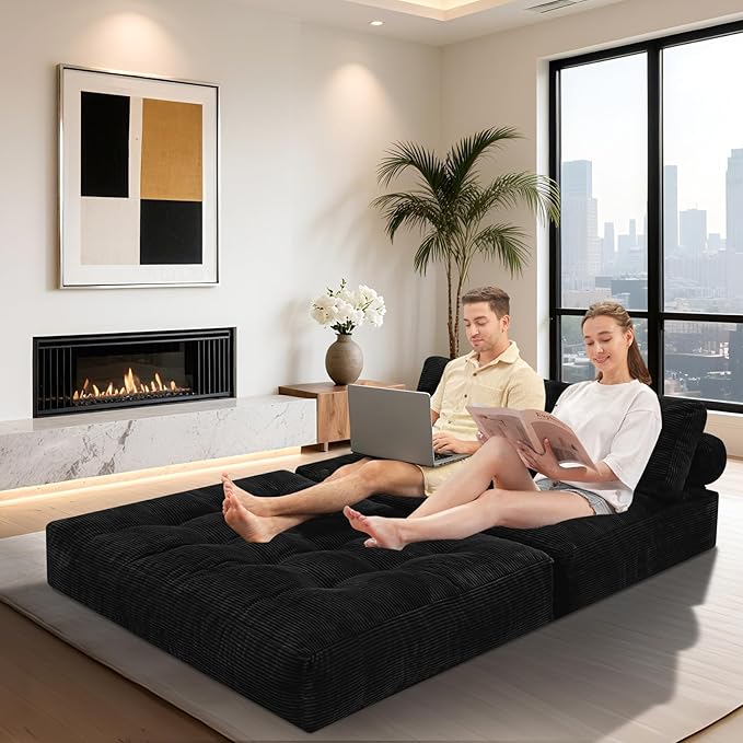 HABUTWAY Folding Sofa Bed, Foldable Floor Sofa Lounge w/Dual-Pillow & Handle, Convertible Sleeper Chair Bed w/Back Support for Living Room, Bedroom, Apartment, Office, Black, Full