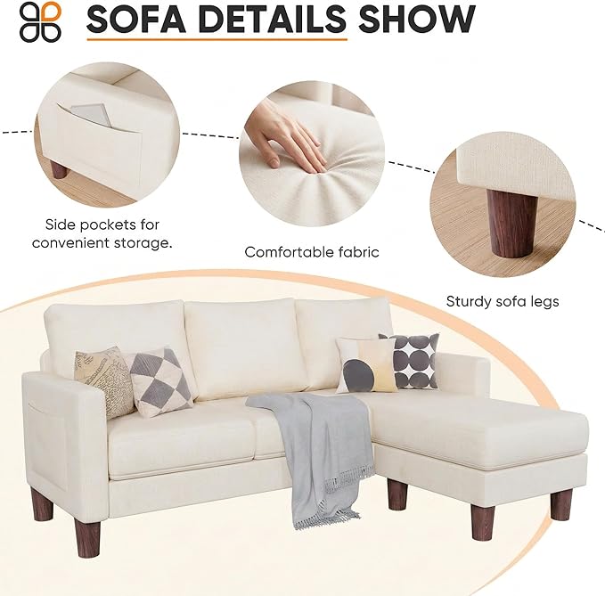 JUMMICO L Shape Sectional Sofa Couch, 3 Seat Convertible Sofa with Movable Ottoman and Side Storage Pockage, Modern Sofa Small Couches for Living Room & Apartment and Small Space (Linen, White)