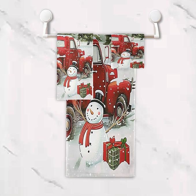 Snowman Red Truck Xmas Tree Towels Set of 3 Christmas Winter Bathroom Towel Soft Absorbent Bath Hand Towels Washcloth Guest Towel Sets Merry Christmas Xmas Bathroom Decor Gifts