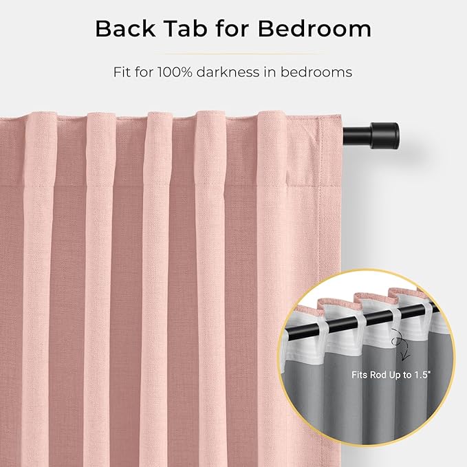 INOVADAY 100% Blackout Curtains for Bedroom, Black Out Curtains 90 Inch Long, Clip Rings Linen Blackout Drapes, Thermal Insulated Room Darkening for Living Room, 1 Panel - Blush Pink,W102xL90
