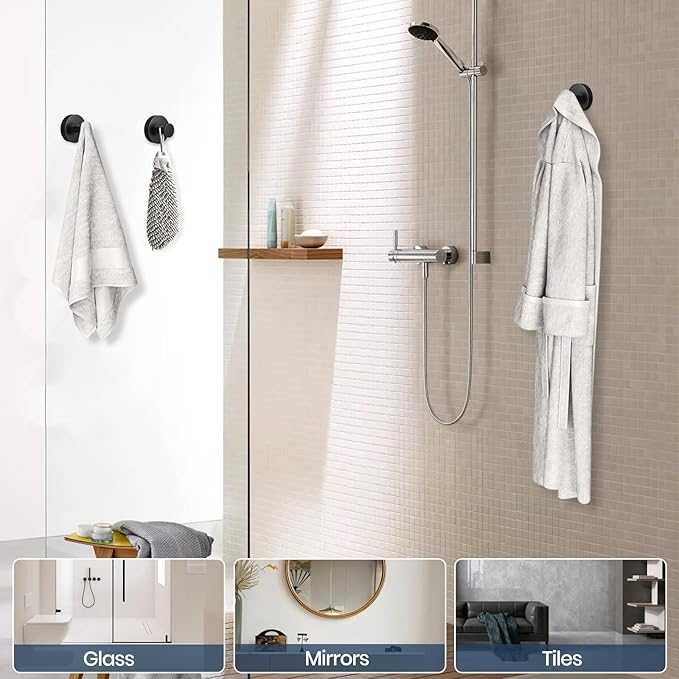 Vacuum Suction Cup Hooks for Shower 4 Pack, Heavy Duty Aluminum Alloy Towel Hooks for Bathroom Kitchen Glass Tile Wall No Drill Removable Robe Loofah Coat Suction Hooks Hanging-Space Grey
