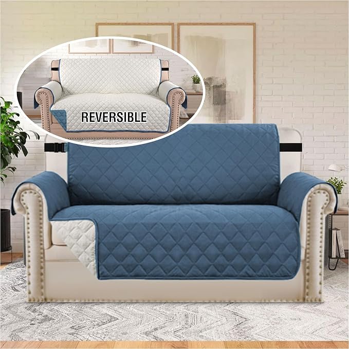 Sofa Protector for Dogs/Cats/Pets Sofa Covers Slipcover Quilted Couch Coveres Loveseat Covers with Non Slip Elastic Strap Water Resistant Seat Width: 54" (Oversized Loveseat,Aegean Blue/Beige)