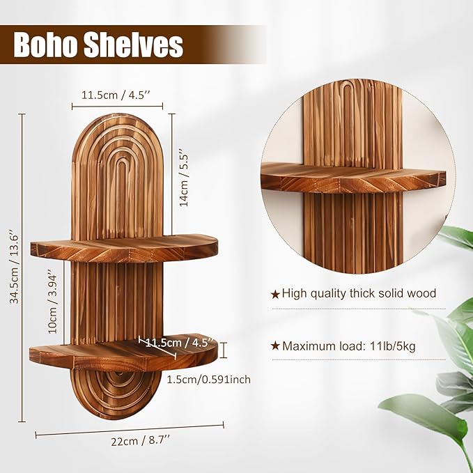 Artilady 2 Pack Wood Wall Hanging Shelves Boho Floating Shelf 2 Tier Handmade Rainbow Arch Vintage Wooden Wall Decor Trinket Storage Rack for Bedroom Living Room Nursery Bathroom