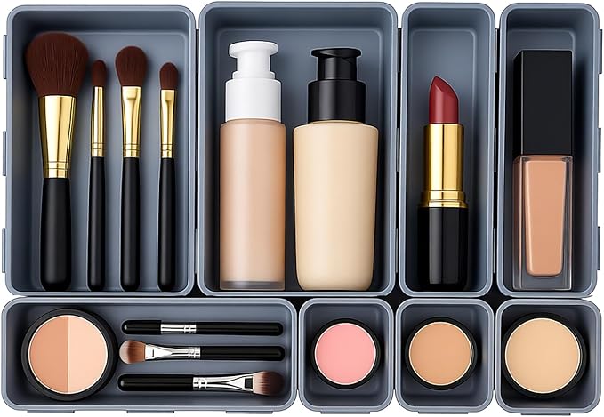 U-KIME Desktop Storage Box ,Tabletop Clutter Organizers For Cosmetics, Stationery, Kitchen Utensils, Office Supplies & Small Items(Light gray / 8-Piece set)