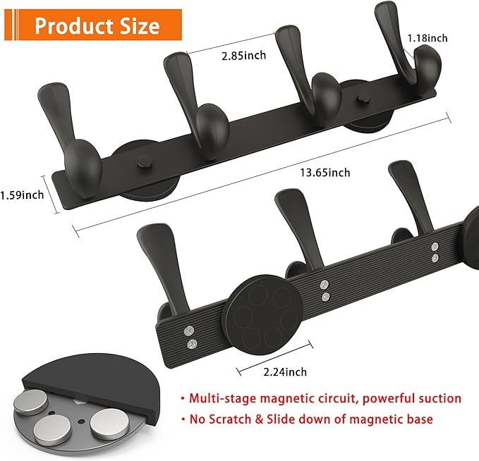 ULIBERMAGNET Strong Magnetic Double Hooks Rack,Heavy Duty Coat Magnetic Rack,Strong Rubber Magnetic Hanger with 4 Hooks for Refrigerator,Metal Cabinet,Hanging Coat, Towel, Bag, Backpack