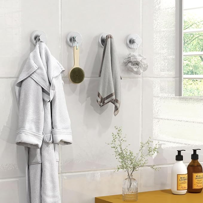 Suction Cup Hooks for Shower, Heavy Duty Towel Hooks for Walls No Damage, Modern Shower Suction Hooks for Kitchen Bathroom Wall, Glass, Mirror, Tile, Hanging Towels Robes, Brushed Nickel (4 Pack)