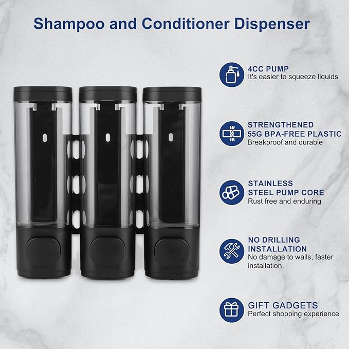6pcs Shampoo and Conditioner Dispenser No Drill Shower soap Dispenser Wall Mounted 3 Chamber for Bathroom, Kitchen,Hotel Pumps are Easy to use No leaks (Black)