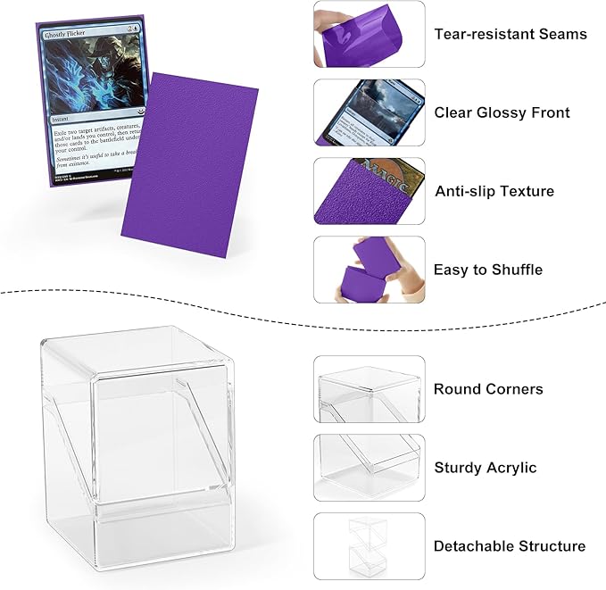 2 Pack Card Deck Boxes, Deck Case and 200Pcs Card Sleeves with Dividers, Standard Clear Commander Cards Storage Box Perfect Fit for MTG, Sport, Trading Cards (Purple)