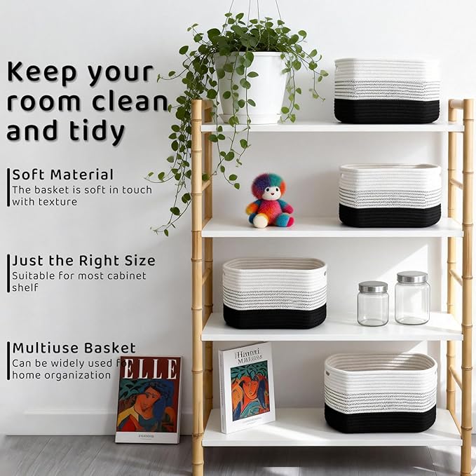 4 Pack Storage Baskets for Organizing, 12''Lx10''Wx8''H Woven Baskets for Storage Toys, Towels, Books, and Clothes, Cotton Rope Basket for Shelves with Handle (White & Black)