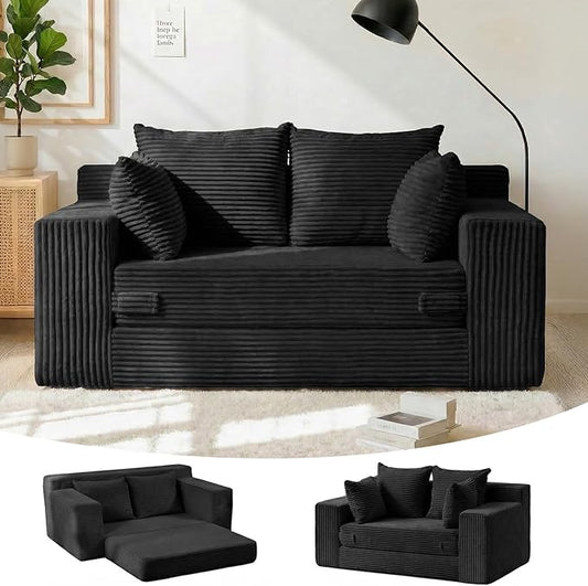55" Small Boneless Couch, 3-in-1 Boneless Loveseat Sleeper Sofa Bed Convertible Sofa Bed with 4 Pillows, Black Corduroy Boneless Couch for Living Room, Guest Room, Small Space, No Assembly Required