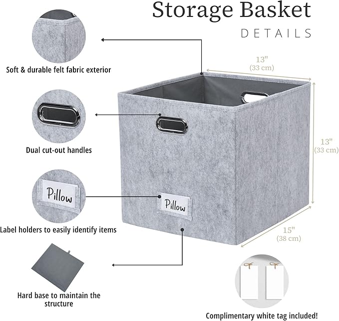DECOMOMO Felt Storage Bins 13x15x13 Storage Cube Bins with Labels, Baskets for Organizing Shelves (Kallax / 4pcs, Light Grey)