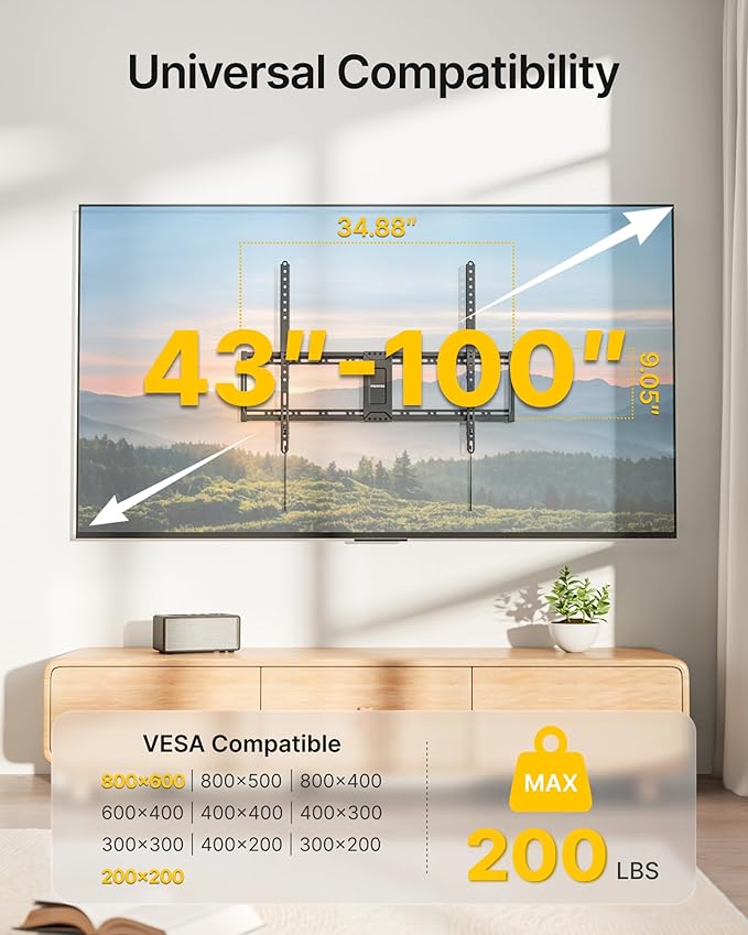 monTEK Heavy Duty Fixed TV Wall Mount for 43–100 Inch TVs up to 200 lbs, 1.2" Ultra Slim Low Profile Wall Mount Bracket, Max VESA 800x600mm, Fits 16"/18"/24" Wood Studs, Secure Space-Saving Design