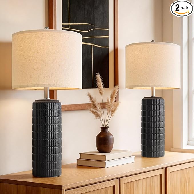 PoKat 27.5'' Tall Table Lamps Set of 2 for Living Room, Matte-Textured Farmhouse Ceramic Bedside Lamps for Bedroom, Modern Nightstand Lamps for Office Sideboard Hallway Home Decor, Matte Black