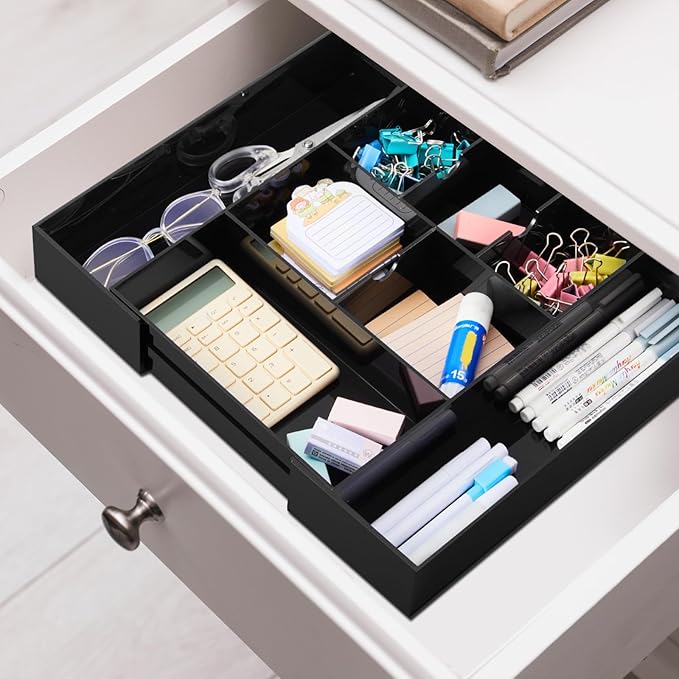 1 Pcs Acrylic Desk Drawer Organizer 2 Inch Height Expandable Drawer Organizer Trays with 8 Adjustable Compartments Desk Accessories for Makeup Silverware Office Bathroom(Black)