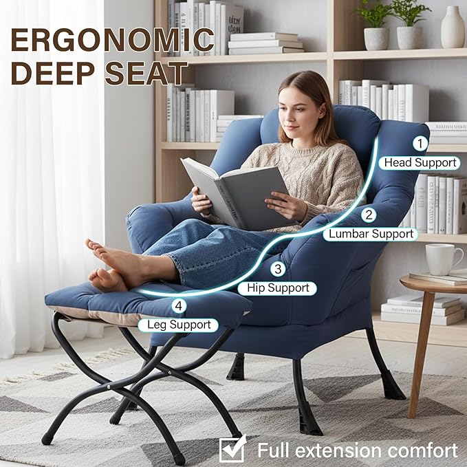 Welnow Lazy Chair with Ottoman, Modern Lounge Accent Chair with Armrests and a Side Pocket, Leisure Sofa Armchair, Reading Armchair with Footrest for Small Space, Royal Blue