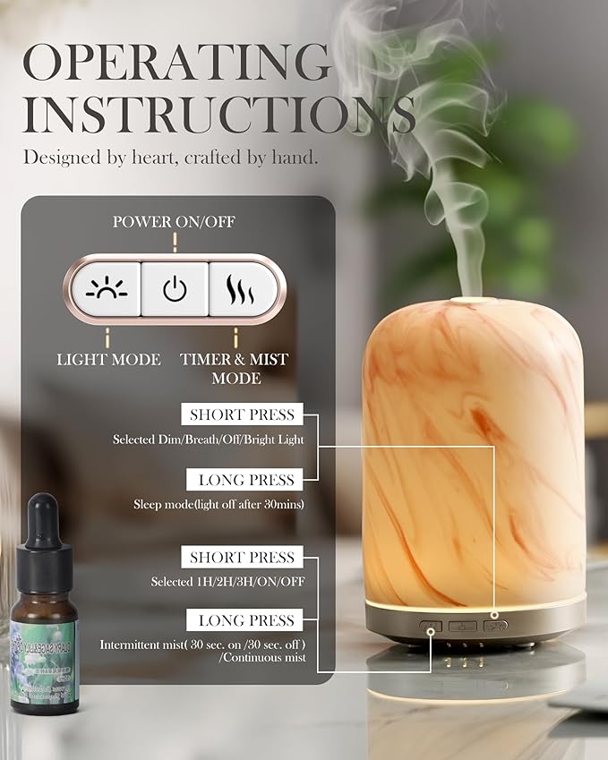 Essential Oil Diffuser - 2.4MHz Ultrasonic Ceramic Diffuser for Home, 120ml, Pulse&Continuous Mist, Bright/Dim/Breathing Lighting, Waterless Auto-Off, Aromatherapy Diffuser with USB Cable