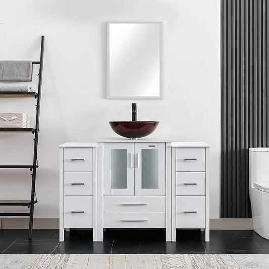 eclife 48" Modern Bathroom Vanity Sink Combo Freestanding Cabinet with Small Side Cabinet, Brown Round Glass Vessel Sink, Water Save Faucet, Drain (White+A09)