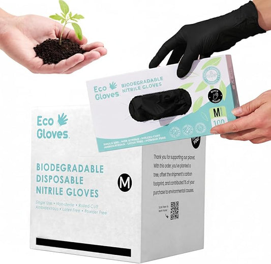 Eco Gloves Biodegradable BLACK Nitrile Disposable Gloves, 4 Mil, Powder Free, Latex Free, Food Safe, Cleaning