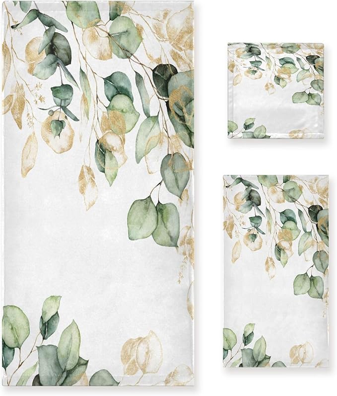 Green Gold Leave Bath Towels Set,3 Piece Eucalyptus Leaf Towel Set(1 Bath Towel 1 Hand Towel 1 Washcloth),Absorbent Microfiber Decorative Bathroom Towels for Shower,Fingertip,Hair,Face