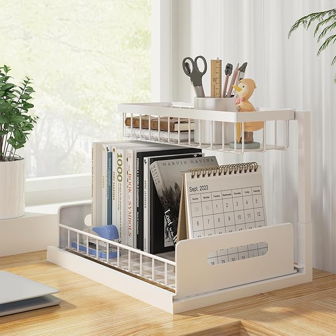 Pull Out Under Sink Organizer, 2-Tier Slide Out Sink Shelf Cabinet Storage for Kitchen Bathroom, White, 1 Pack