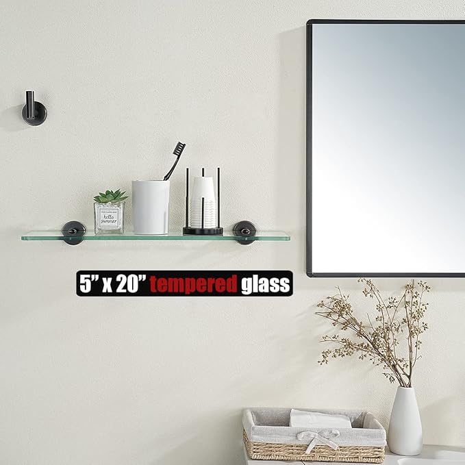 JQK Bathroom Glass Shelf Oil Rubbed Bronze, Tempered Glass Shower Storage 20 by 5 inches, 304 Stainless Steel ORB Wall Mount, 2 Pack, TGS101L20-ORB-P2
