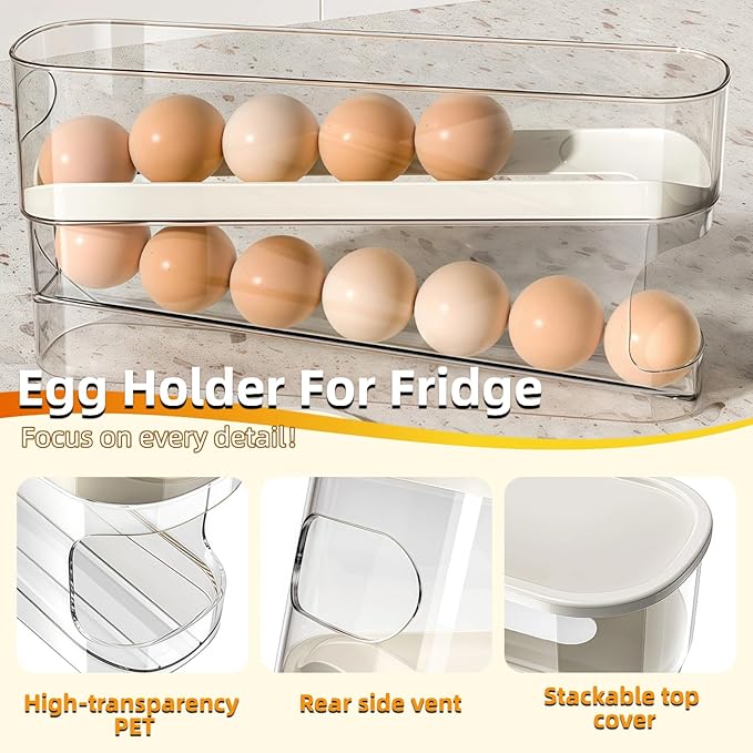 Egg Holder for Fridge, Space-Saving Automatic Rolling Egg organizer for refrigerator, 2-Layer Stackable Fridge Egg Dispenser and Storage with Lid for Kitchen, Countertop, Dining Room