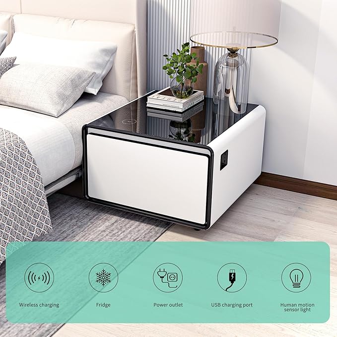 Smart Side Table with Fridge, Smart Nightstand with Refrigerator, Induction Light, Temperature Control, Wireless Charging, Power Socket, USB Ports, Outlet Protection (White, LT65 Pro)