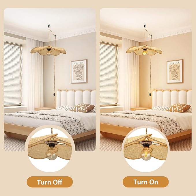 Bamboo Plug in Pendant Light, 24 Inch Flower Handwoven Rattan Lampshade Stepless Dimmable Boho Chandelier, 11.3 ft Plug in Hanging Lamp for Hallway Kitchen Island Dining Room Bedroom(Not Bulb)