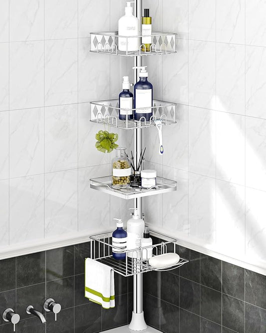 SEIRIONE Corner Shower Caddy Tension Pole, 34 to 116 Inch Height, 4 Adjustable Shelves, Chrome