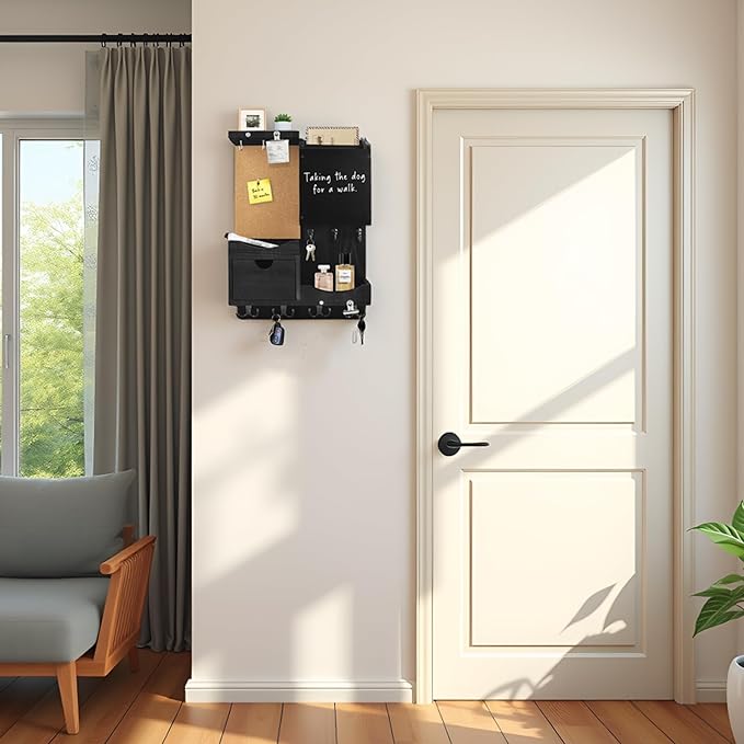 Key Holder Wall Mount, Mail Organizer Key Holder for Wall with Shelf, Drawer, Chalkboard, Corkboard, Home Decor Mounted for Room Entryway (Black)