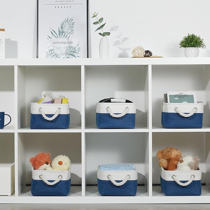 Bidtakay Small Canvas storage baskets with Handles [6 Pack] Navy Blue Fabric Storage Bins 11.8 x 7.8 x 5 inches Decorative storage baskets for Shelves, Closet, Nursery (White&Blue)