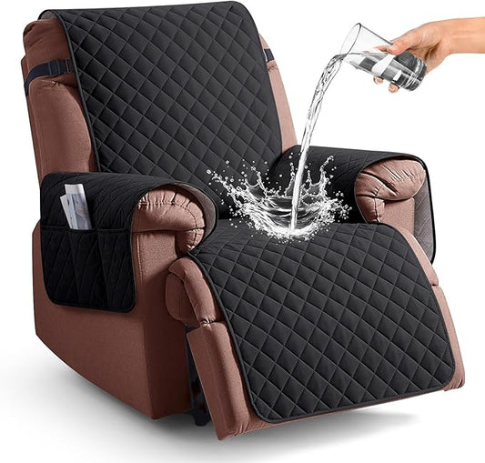 KinCam 100% Waterproof Recliner Chair Cover, Reclining Couch Covers for Pets, Dogs, Recliner Couch Slipcover Furniture Protector with Elastic Straps for Kids(28", Black)