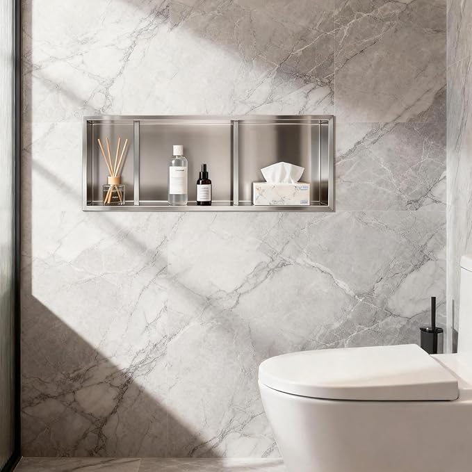 EasyVibe 3-Tier 304 Stainless Steel Shower Niche 30 x 12 Inch, No Tile Needed Large Recessed Wall Insert with Three Shelves, Brushed Metal Waterproof Storage for Bathroom & Wet Room, Sliver