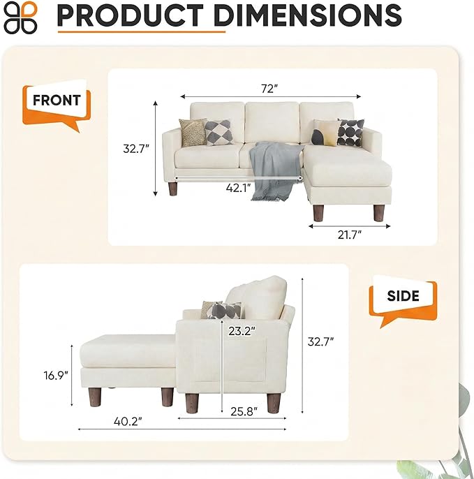 JUMMICO L Shape Sectional Sofa Couch, 3 Seat Convertible Sofa with Movable Ottoman and Side Storage Pockage, Modern Sofa Small Couches for Living Room & Apartment and Small Space (Linen, White)